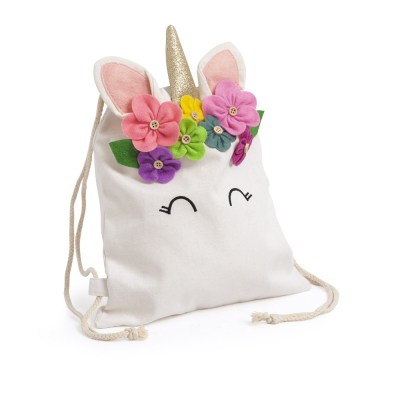 Υφασμάτινο Backpack με σχέδιο μονόκερο σε εκρού χρώμα με πολύχρωμα λουλούδια
