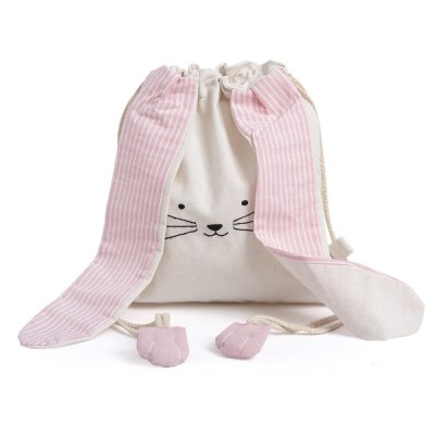 Υφασμάτινο Backpack με σχέδιο κουνελάκι σε εκρού χρώμα με ριγέ ροζ- λευκά αυτιά. 
